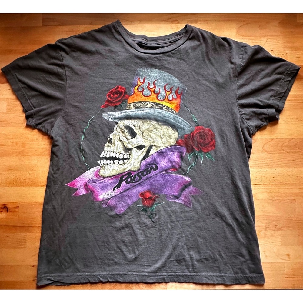 Poison Skull Roses Logo Gray Crew Neck T-Shirt‎ Mens Size Large